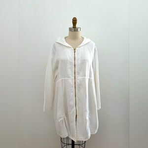 Made In Italy OS NWOT White Long Lightweight Linen L/S Hoodie Gold Zipper Jacket